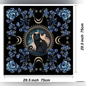 Mystical Black Cat Wall Altar Cloth with Blue Floral Design